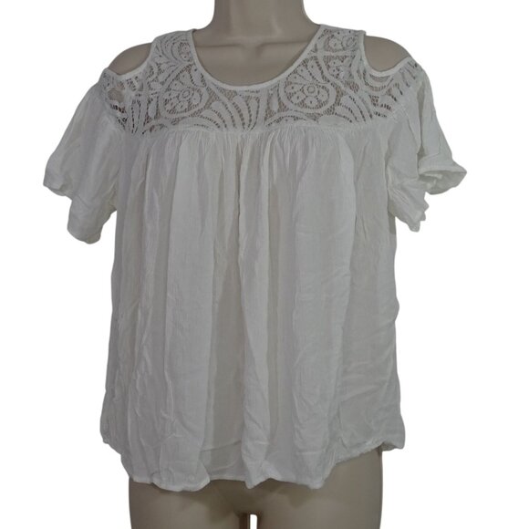 a.n.a. A New Day White Cold Shoulder Lace Yoke Top Women Size M Semi-sheer - Picture 1 of 8